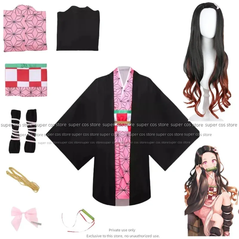 28L Anime Kimetsu No Yaiba Kamado Nezuko Costume Kimono Demon Slayer Cosplay Wig Hair Halloween Carnival Women