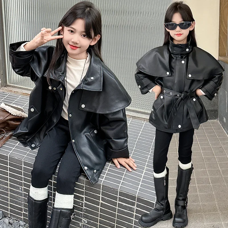 

Spring Lapel Kids Leather Clothes Baby Long PU Windbreaker For Girls Black Slim Belt Children Cool Clothing TR321