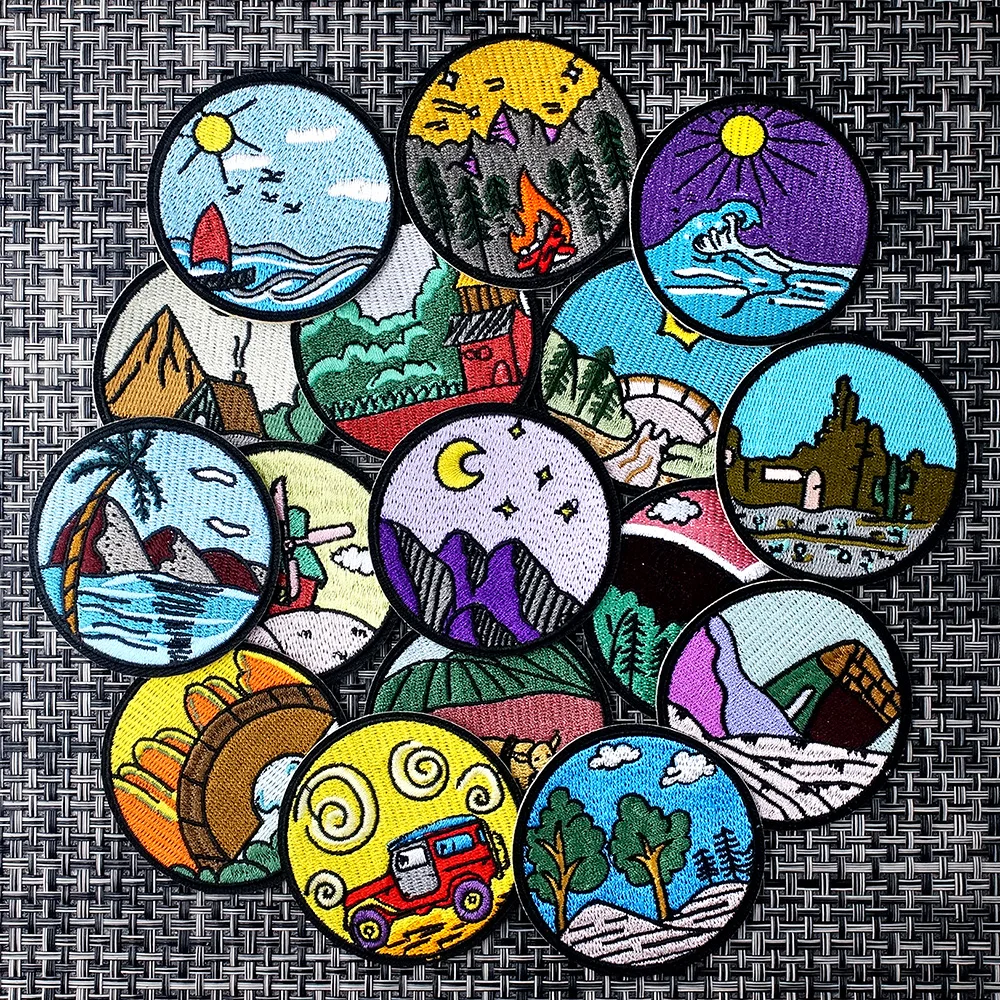 16Pcs/Lot Landscape Pastoral Camping Iron on Patches Cloth Embroidered Applique Sewing Clothes Apparel Accessories Mend Patch