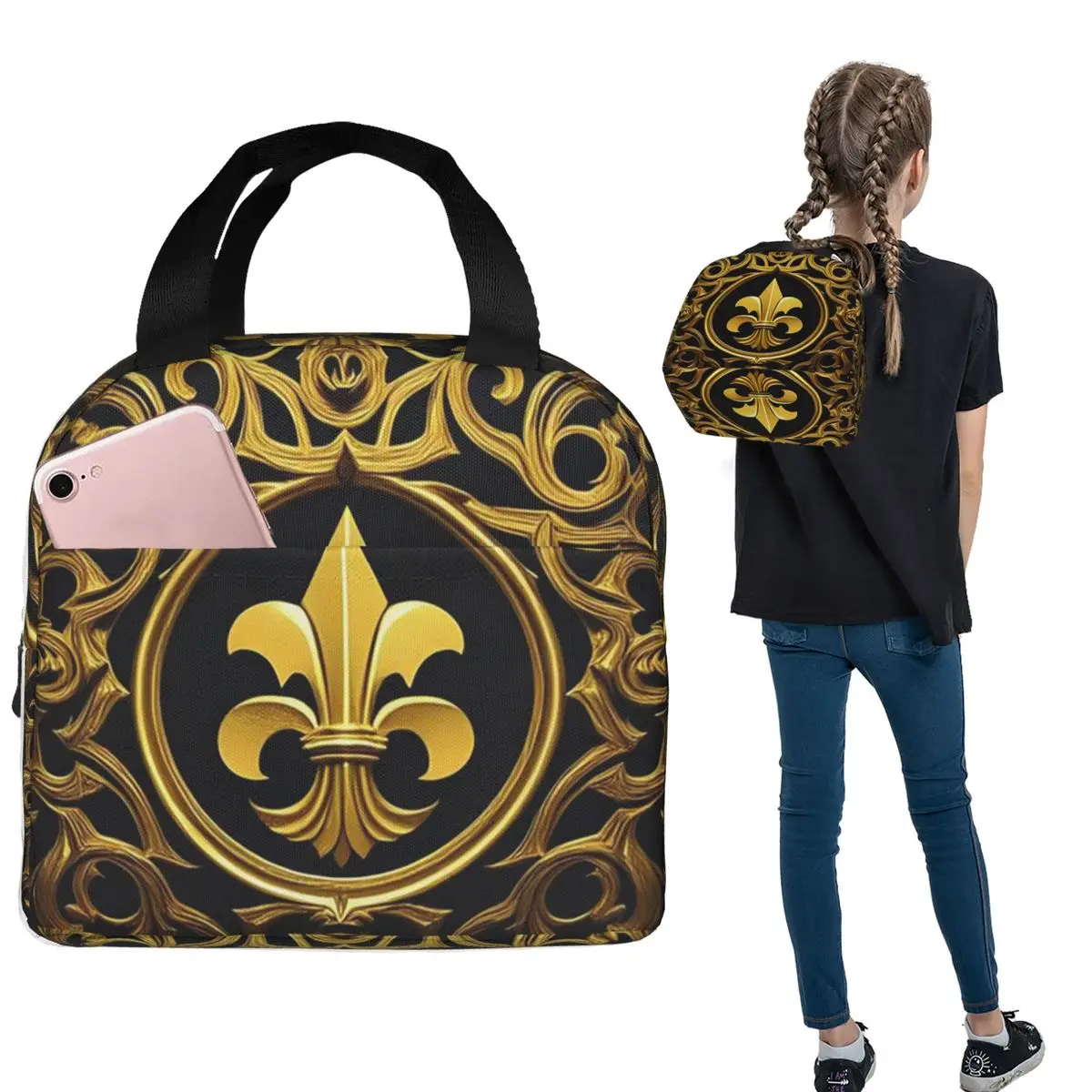 

Fleur De Lis Insulated Lunch Bag for Women Kids Leakproof Food Boxes Thermal Lunch Box Tote