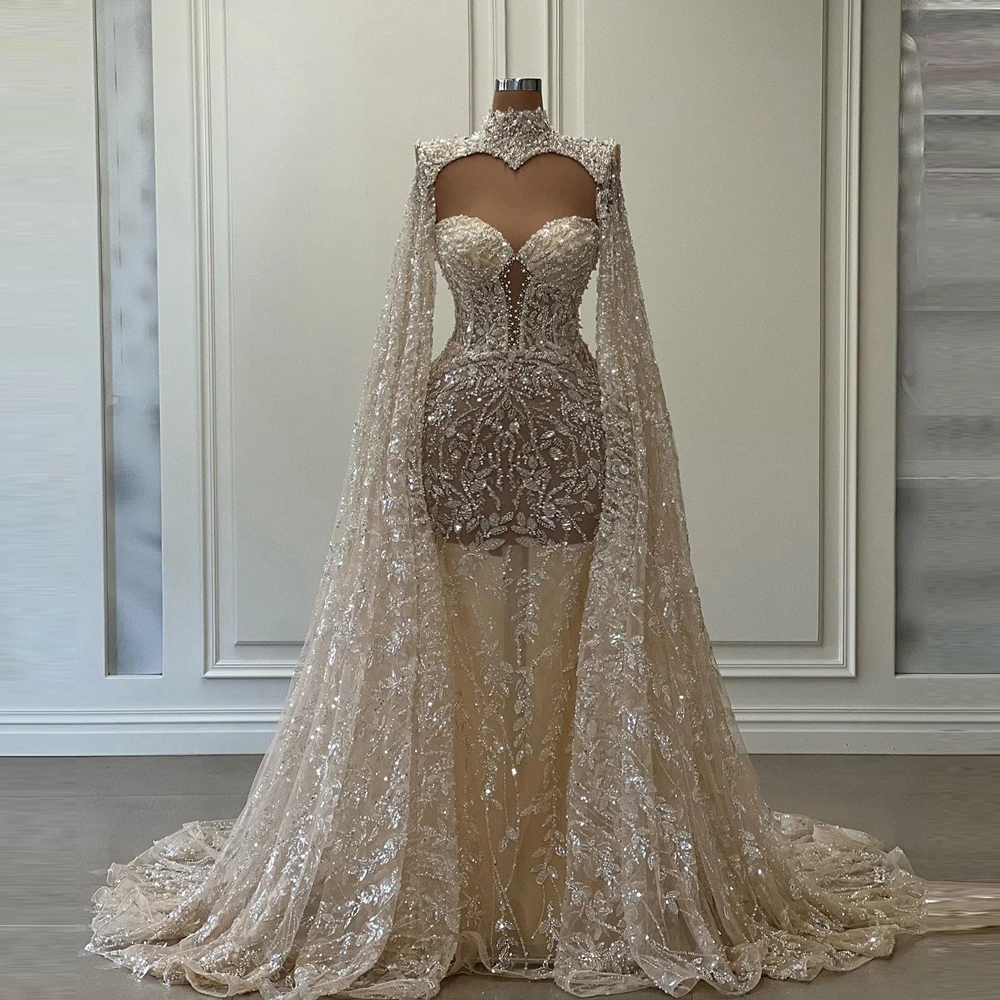 

Glitter Beading Flowers Lace Bridal Dress Luxury Crystals Shawl Mesh Wedding Dresses See Thru Champagne Applique Prom Party Gown