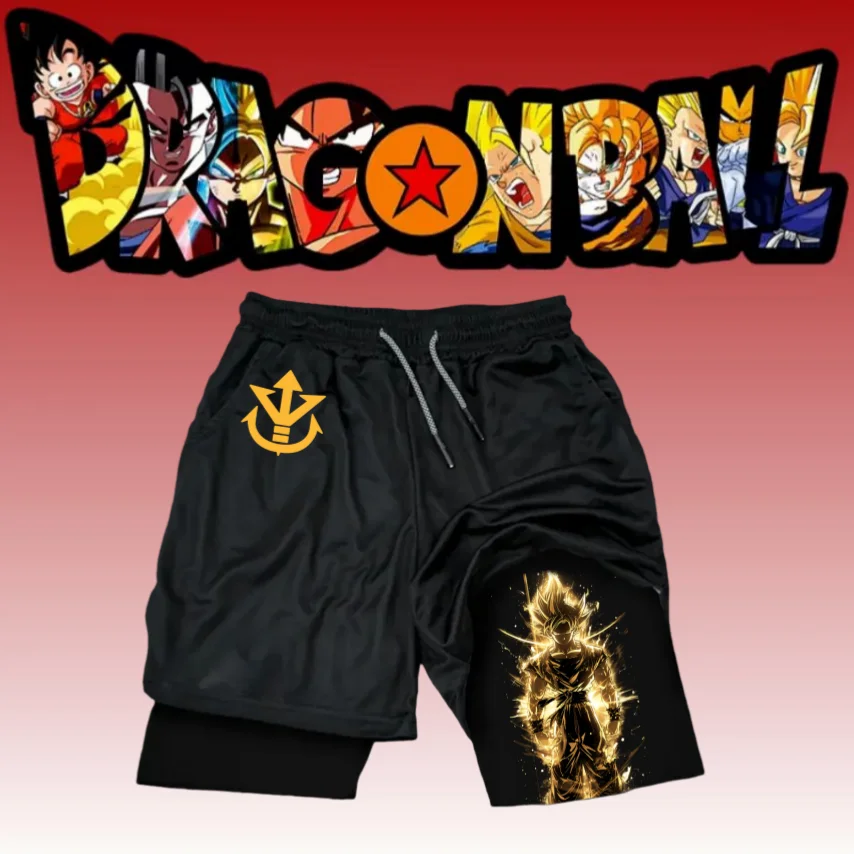 2025 الصيف التنين الخرز جميع أشكال غوكو الرسوم المتحركة الرجال رياضة الشارع الملابس سراويل رياضية تنفس شبكة مزدوجة السراويل ملابس رياضية