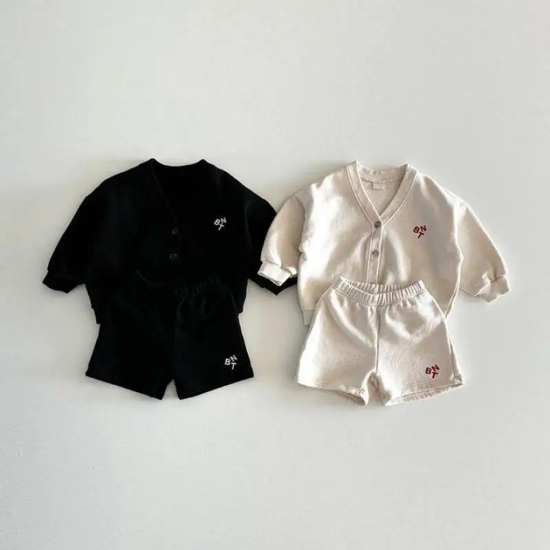 

2024 Spring Boy Girl Children Embroidery Letter Coat Suit Baby Loose Cardigan Long Sleeve Tops+Shorts 2pcs Kid Cotton Jacket Set