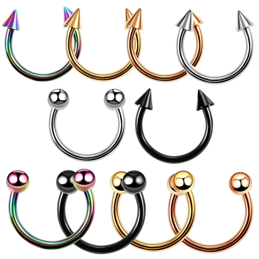 10Pcs G23 Titanium Cone Spike Horseshoe Nose Ring Externally Threaded Septum Lip Eyebrow Ring Helix Ear Piercing Body Jewelry