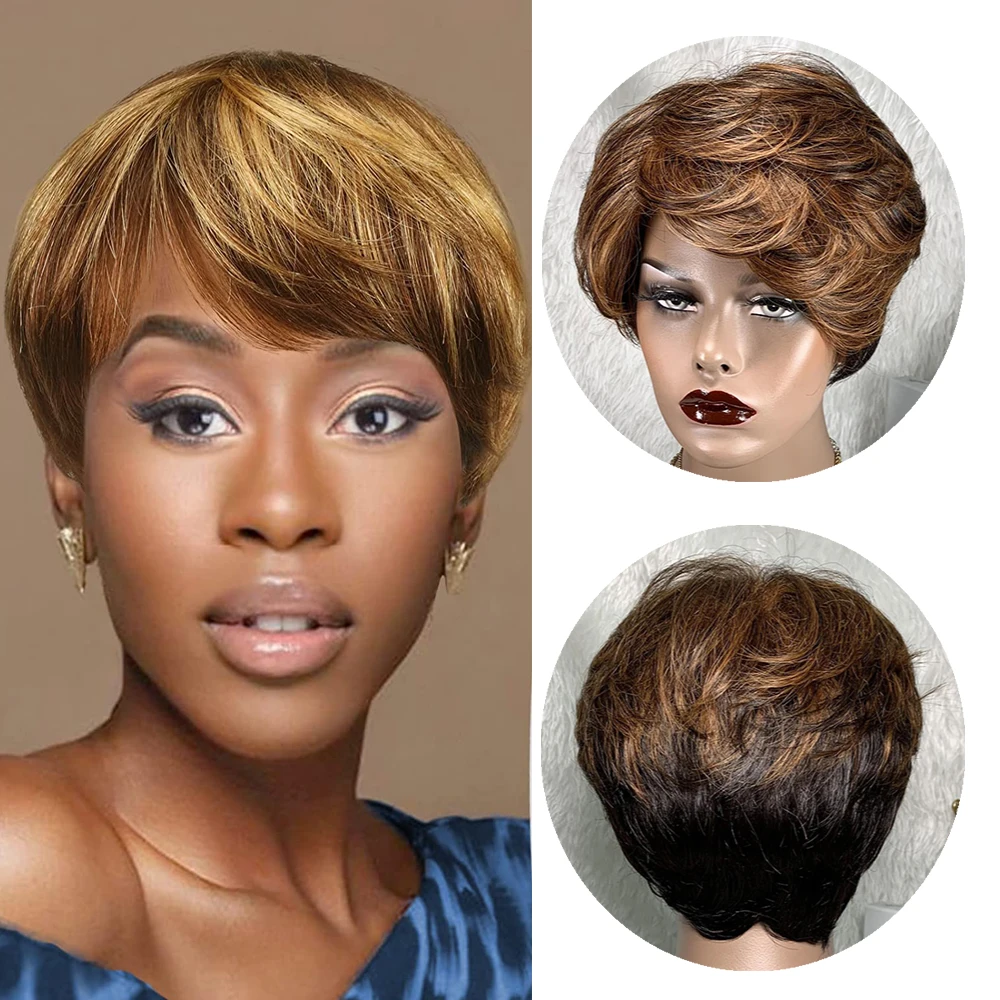 Pixie Cut Wigs for Black Women Human Hair Wigs Short Layered Wigs Brown&black Mixed Natural Black Short Pixie Human Hair Wigs