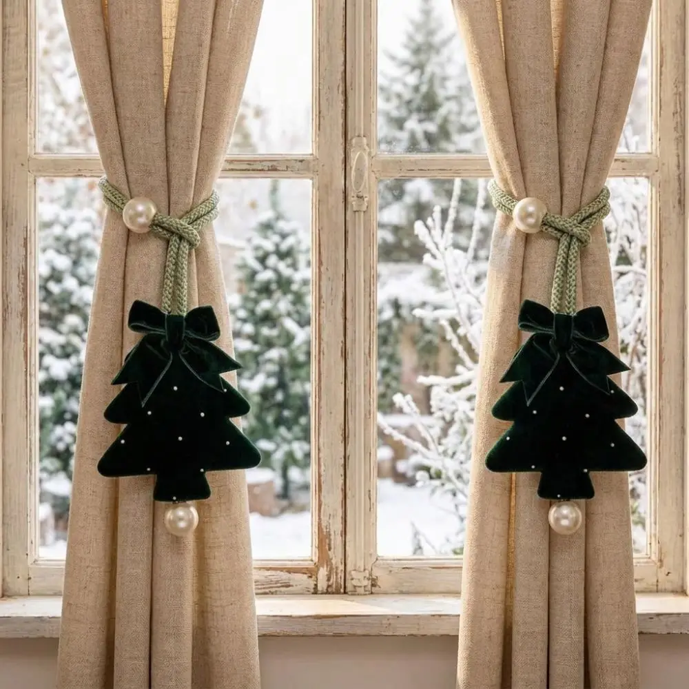 2Pcs Adjustable Christmas Tree Curtain Tieback Braided Cord Shape-Retentive Velvet Tree Curtain Strap Pearl Bow Plush