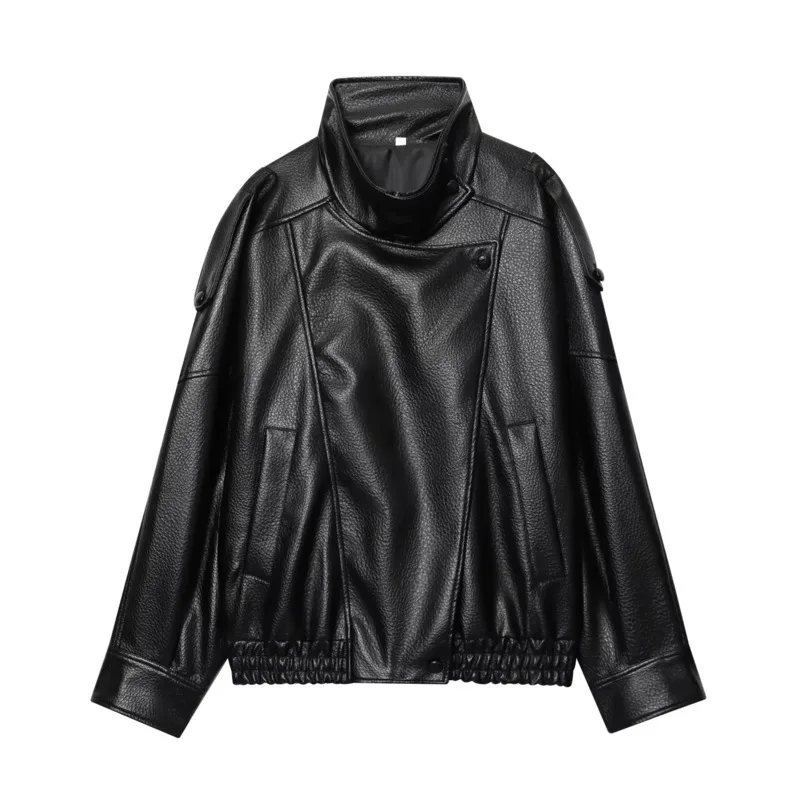 EAEOVNI スタンドカラー黒革ショートジャケット女性のファッションジッパーパッチワークストリートコート 2026 新しいアウターウェア服