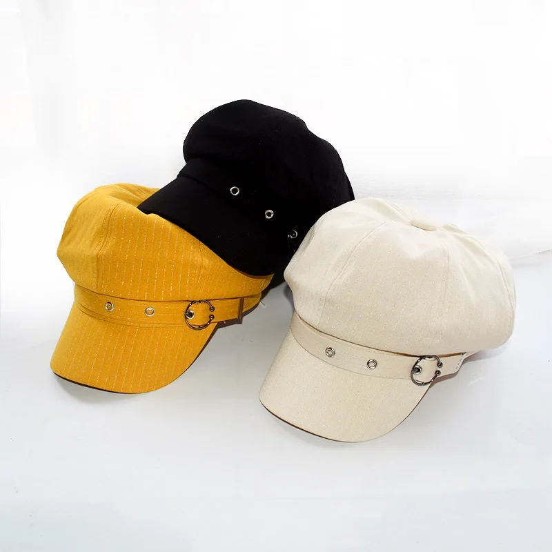 Metal Ring Buckle Cadet Cap for Fine Stripe Peaked Newsboy Hat Adjustable Short Brim Army‑Style Cap Streetwear Daily Headwear