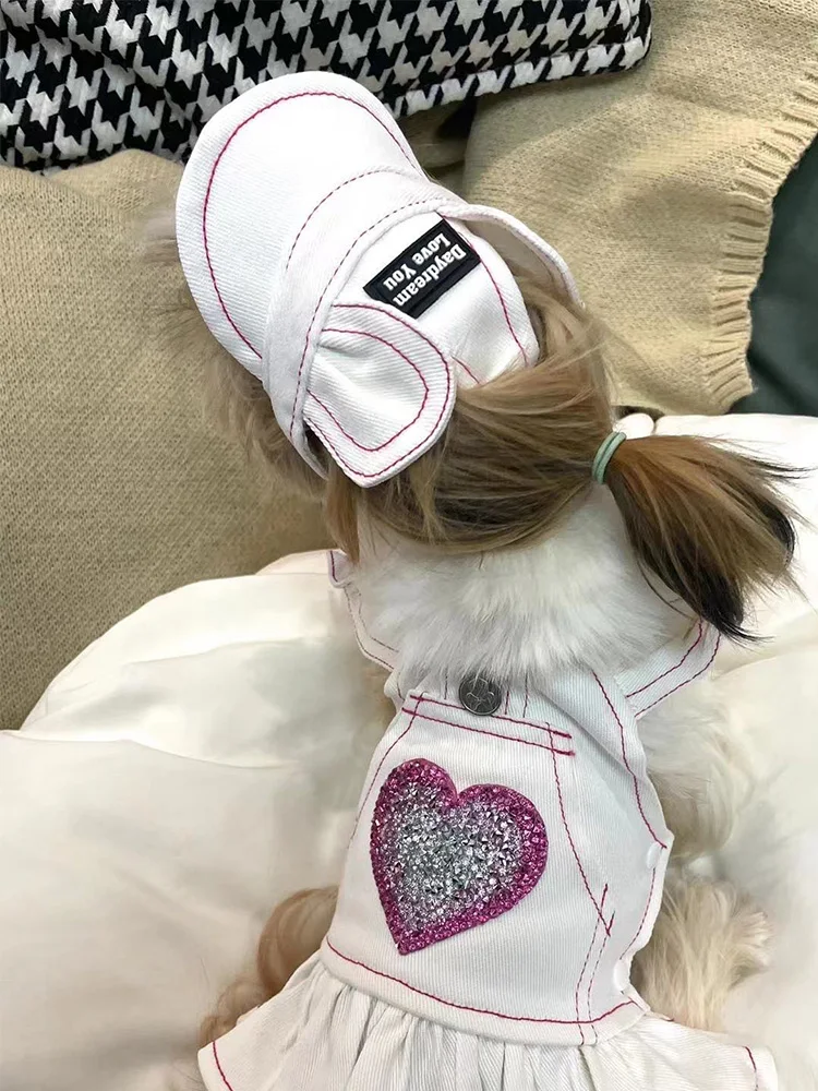 

Luxury Strap Skirt Small Dog White Denim with Hat Spring Summer Pet Clothing Yorkshire Maltese Girl Dog Pet Clothes Puppy Dress