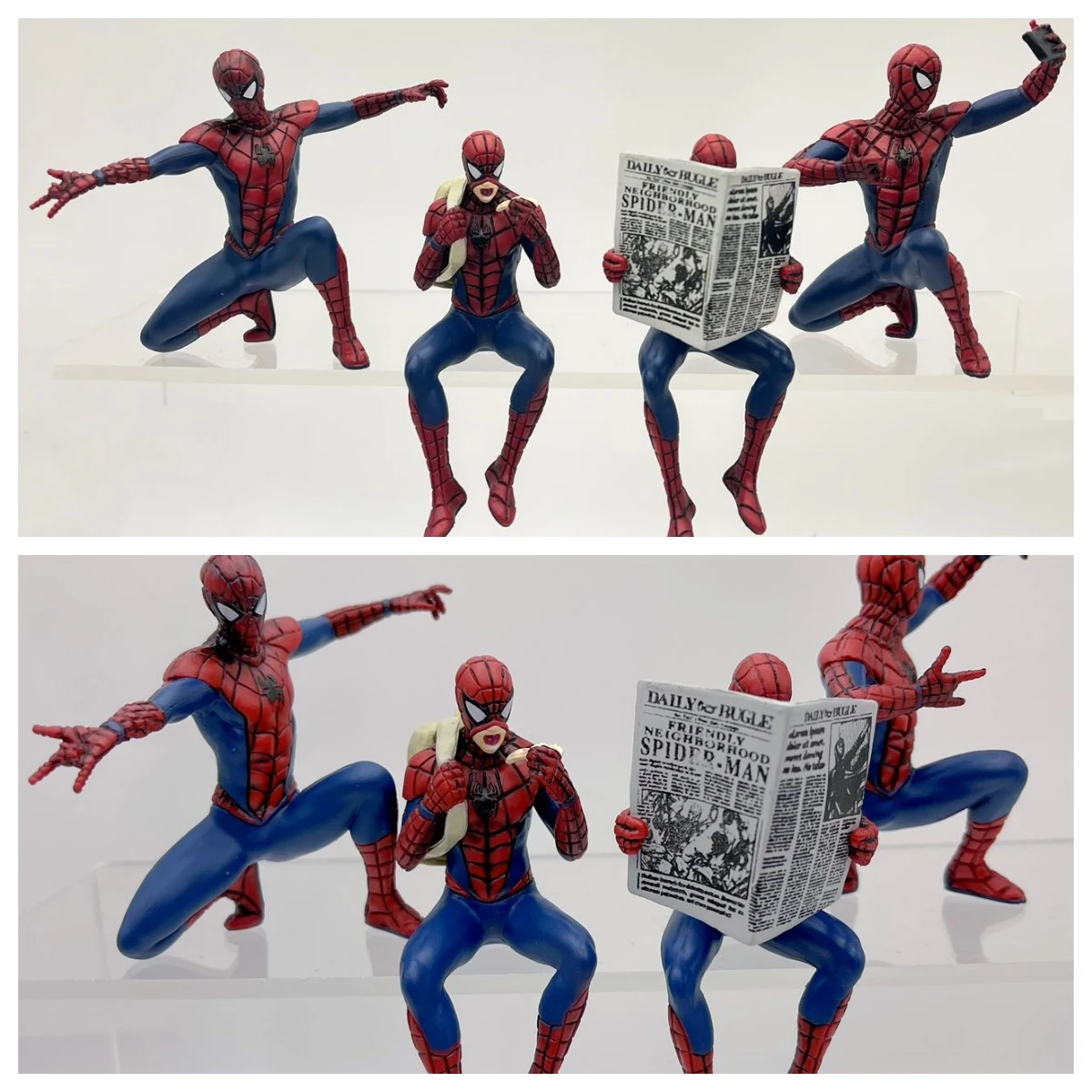 New Marvel Spider-Man 4pcs 8cm Sitting Posture Squatting Makeup Newspaper Reading Photograph Desktop Ornament Cutey Toys Gifts