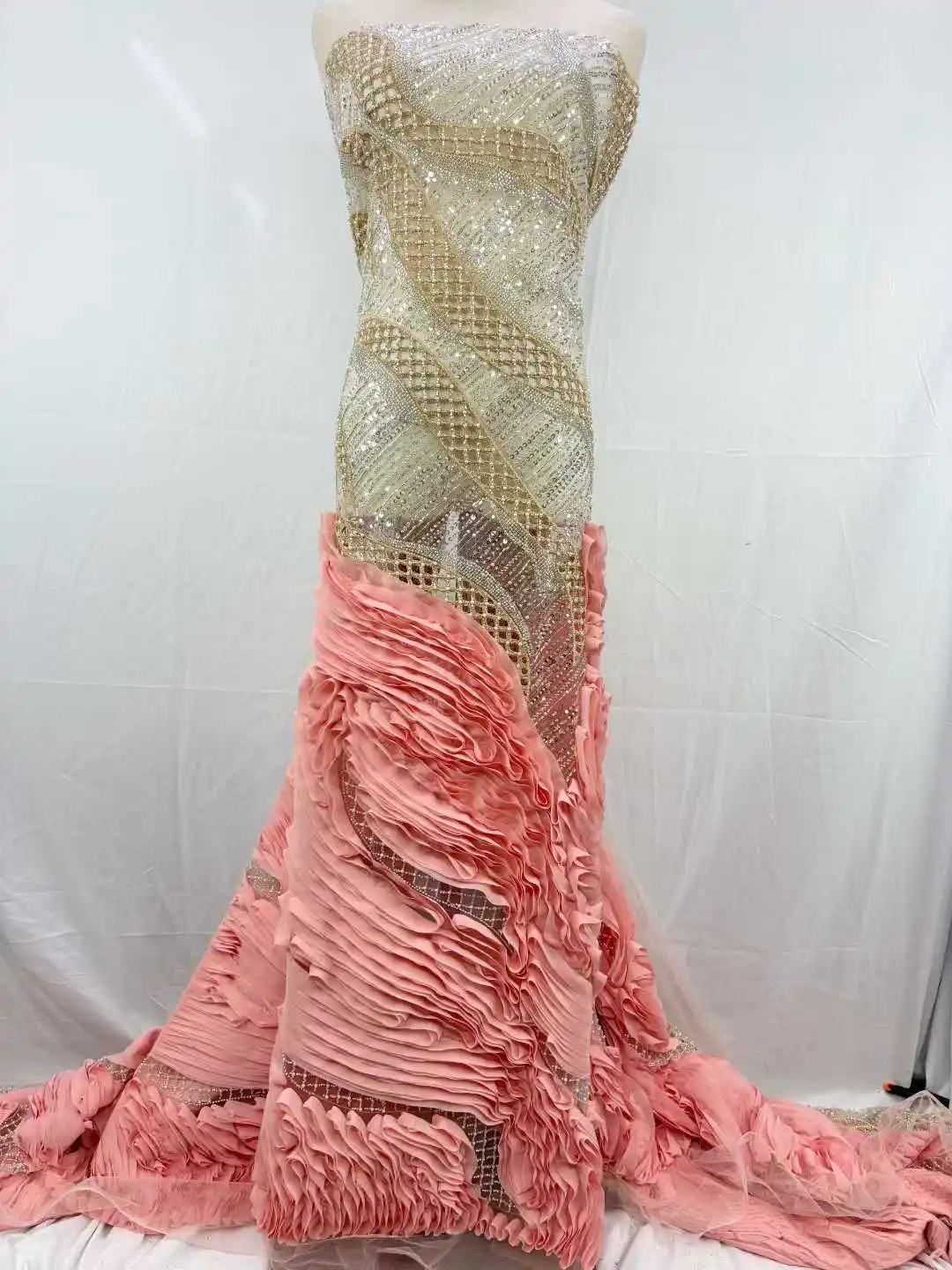 

African 3D Flower Beaded Fabric, Sequins Embroidery, French Tulle, Mesh Lace Fabric for Wedding, Luxury Fashion,5 Yards,JH75