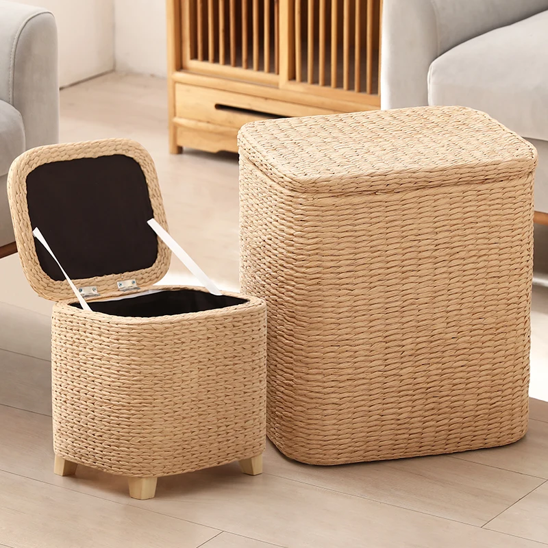 

Handmade Straw Solid Wood Shoe Changing Stool with Storage Box Rattan Storage Stool Dual-use Foot Stool Sofa Stools