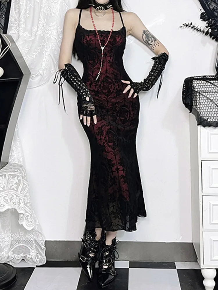 2024 New Vintage Elegant Gothic Dress Women Sexy Streetwear Fairy Y2K Grunge Aesthetic Cross Pattern Spaghetti Strap Party Dress