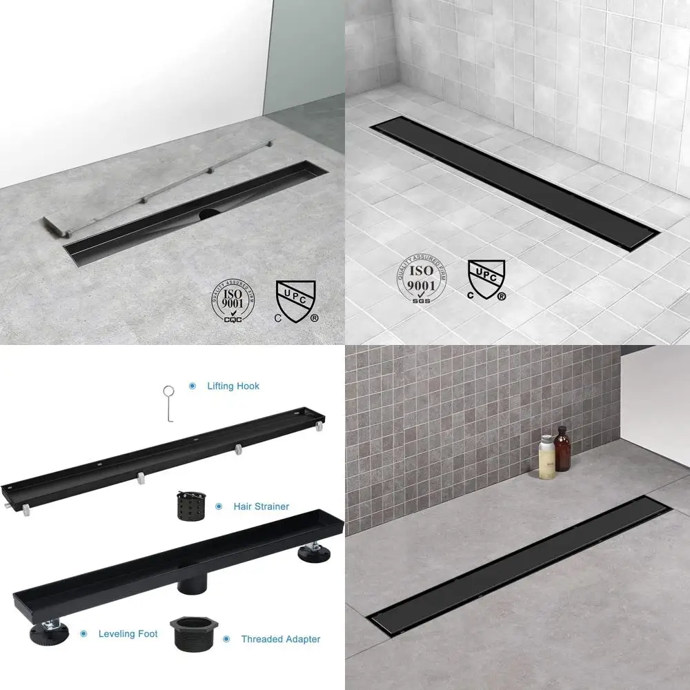 

32 Black Linear Shower Drain with Tile Insert, 2-in-1 Panel, Brushed Stainless Steel, Hair Strainer & Adjustable Feet