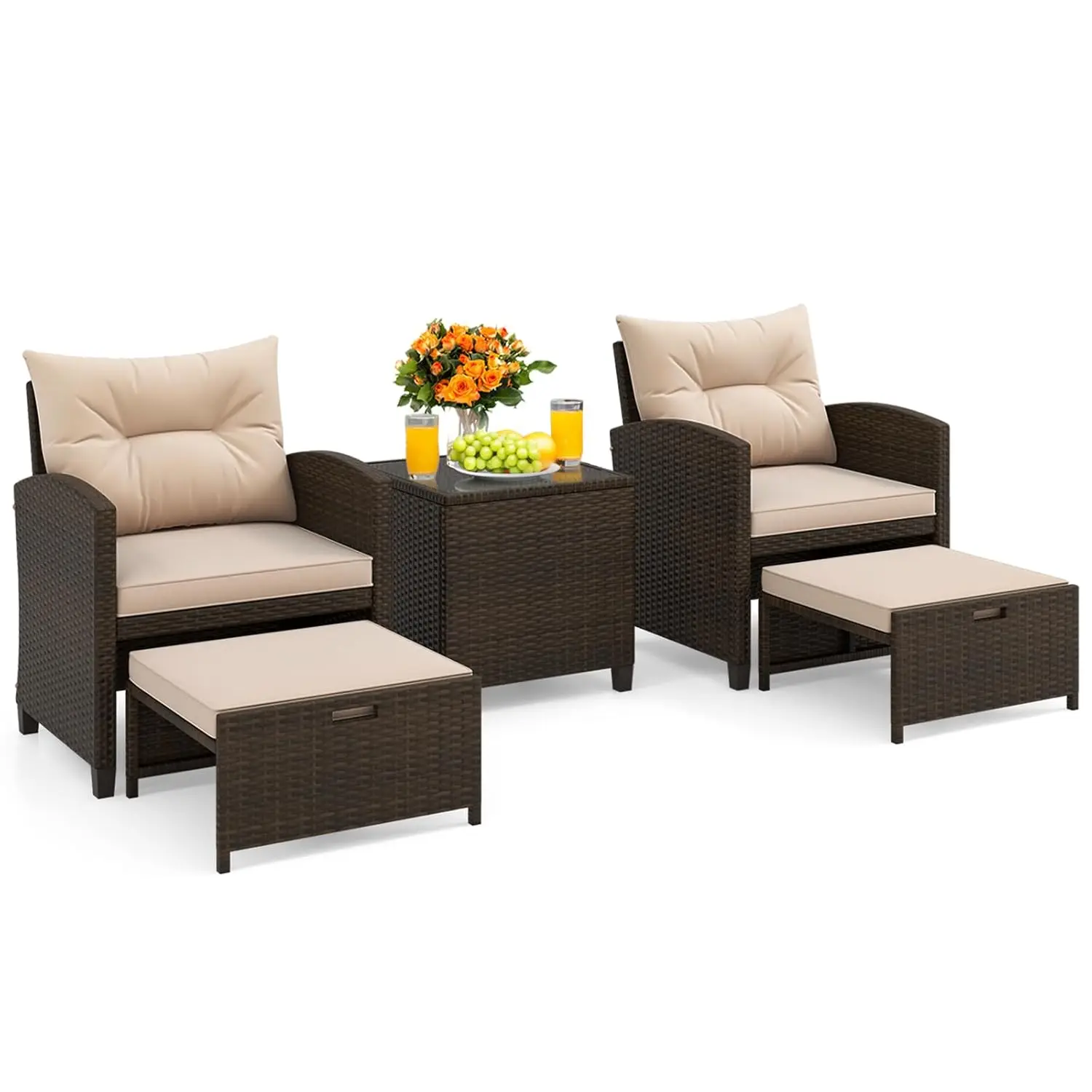

5pc PE Rattan Patio Set Ottoman Coffee Table Cushion Backyard Porch Poolside, Custom
