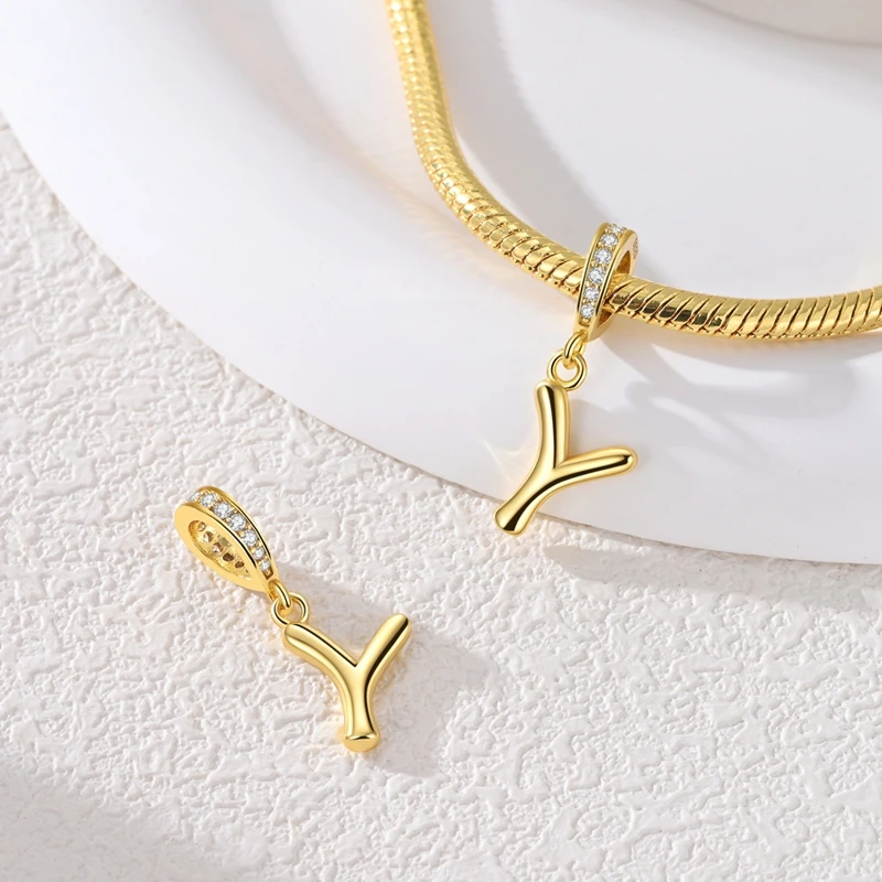 925 スターリングシルバー ゴールデンレター Y チャーム オリジナル 925 ブレスレット作成に適合 女性へのギフト ジュエリー Diy ファッションペンダント