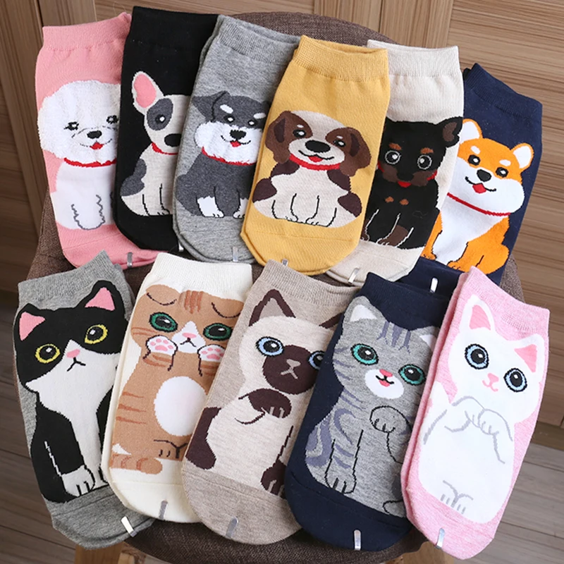 1/5Pairs Cartoon Cat Puppy Dog Socks Cotton Sock Harajuku Kawaii Kitty Women Girls Anklet Sock Breathable Casual Sox Short Sock