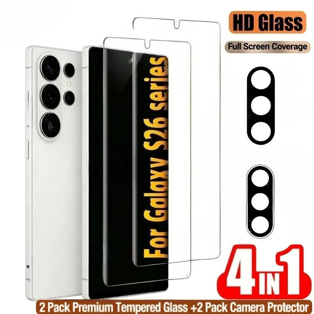

Защитное стекло 4-в-1 Ultra Clear для Samsung S26 S25 S24 Ultra S23 S22 S21 Plus S25 S24 S23 FE с HD-стеклом для камеры
