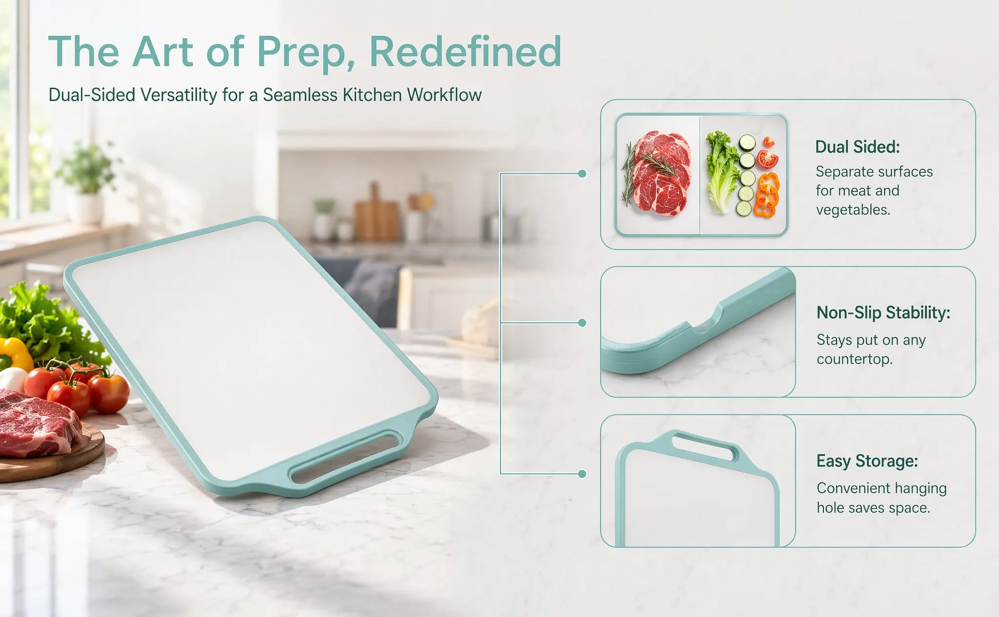 Extra Large Dual Surface Cutting Board Stainless Steel and Plastic Combo with Hanging Hole Non Skid Base Mashing Corner