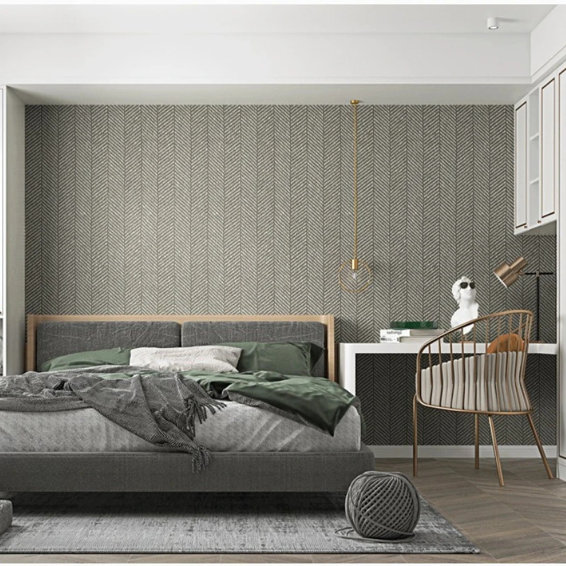 

Grey Linen Texture Wallpaper Home Decor Grasscloth Non-woven Herringbone Stripe Wallpaper for Living Room Bedroom Wallcovering