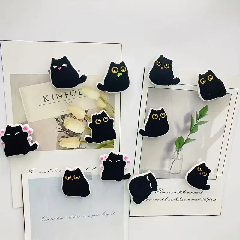 4/6/9pcs Cute Chubby Black Cat Refrigerator Magnets, Decorative Plastic Resin, Multi-Purpose for Kitchen and Office