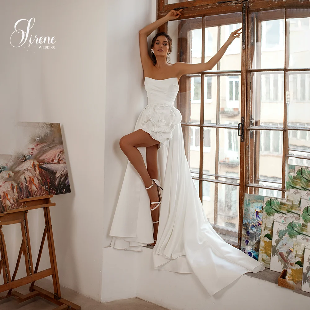 Sirene a-line زهرة ثلاثية الأبعاد فتحة عالية بدون أكمام بدون حمالات بدون ظهر طول الأرض فستان زفاف 2025 بسيط فيستدو دي نوفيا مخصص