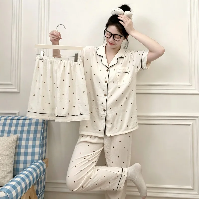 2026 New Summer Ladies Three Piece Homewear Cute Bear Print Lapel Cardigan Comfortable Pajamas Set Casual Sleepwear Loungewear