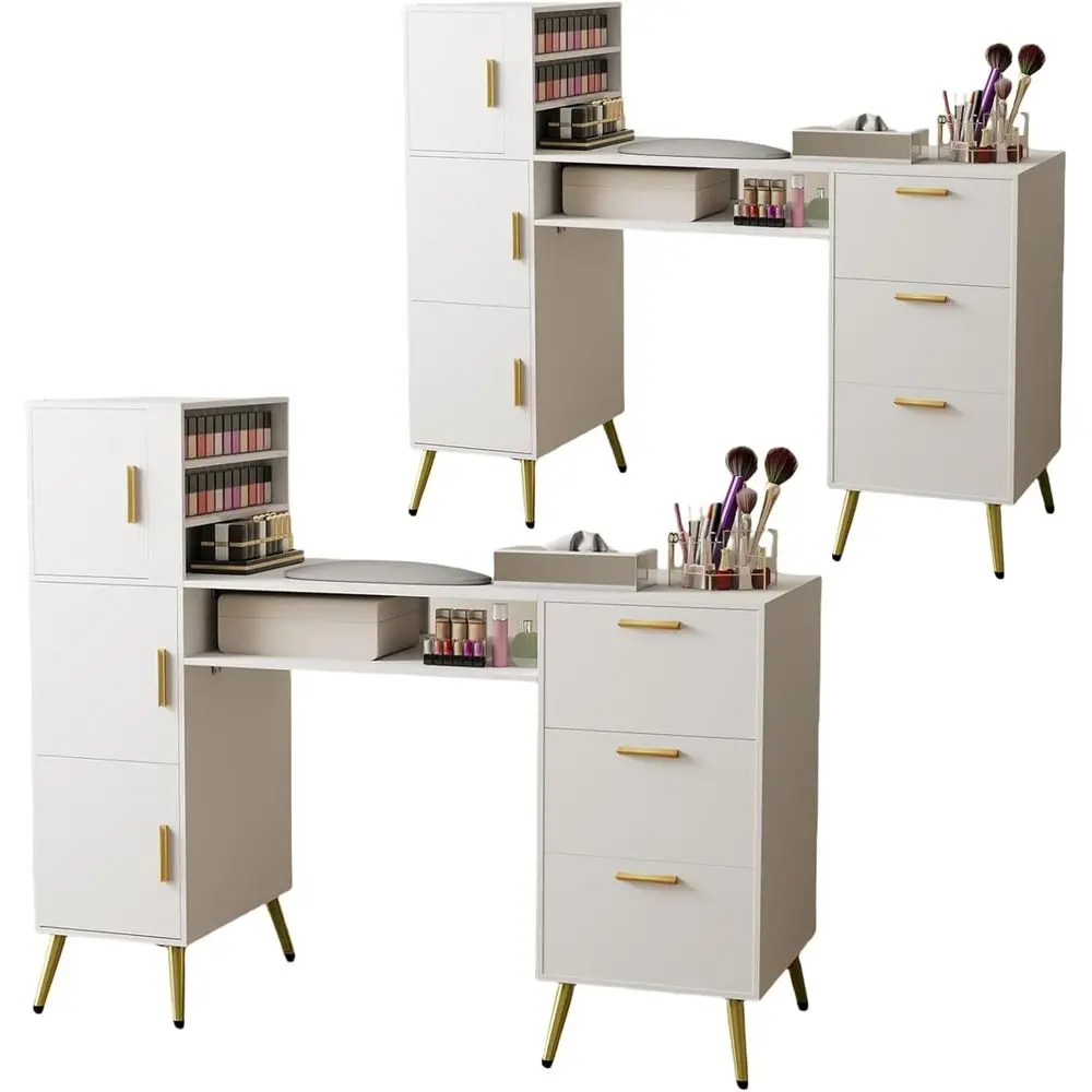

Black Metal Nail Station Desk with Glass Top, Wrist Rest, 3 Drawers, 3 Cabinets, and 3 Shelves