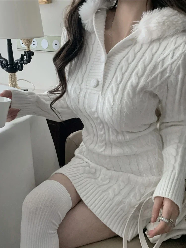 Winter Elegant Solid Knitted Warm Dress Women Slim Hoodie Mini Dress Female Korean Fashion Warm Knitting Sweater Dresses