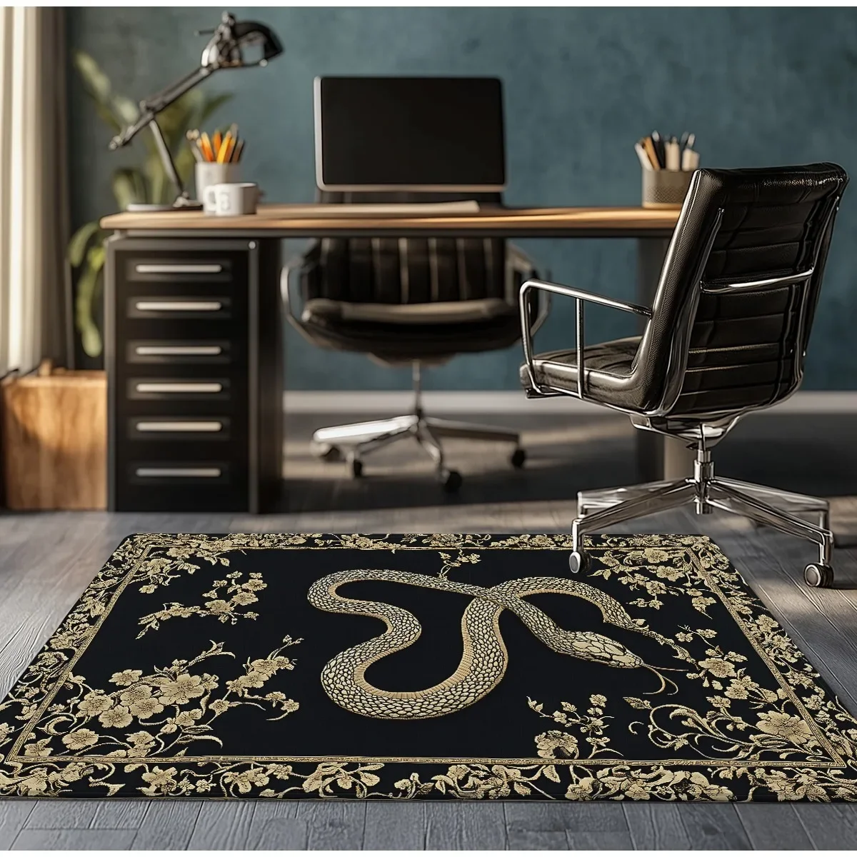 Black Gold Snake Floral Crystal Velvet Rug Modern Gaming Room Decor Luxury Pattern Floor Mat Anti Slip Home Office Carpet
