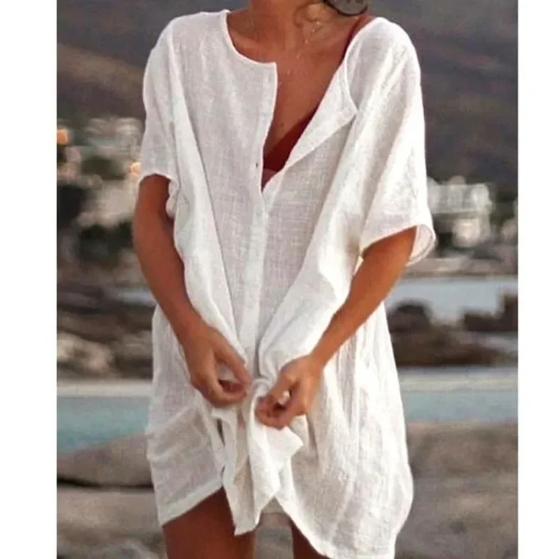 Women's Long Short-sleeved Shirt Solid Color Summer Seaside Holiday Beach Bikini Swimsuit Cover-up Casual Loose Button T-shirt