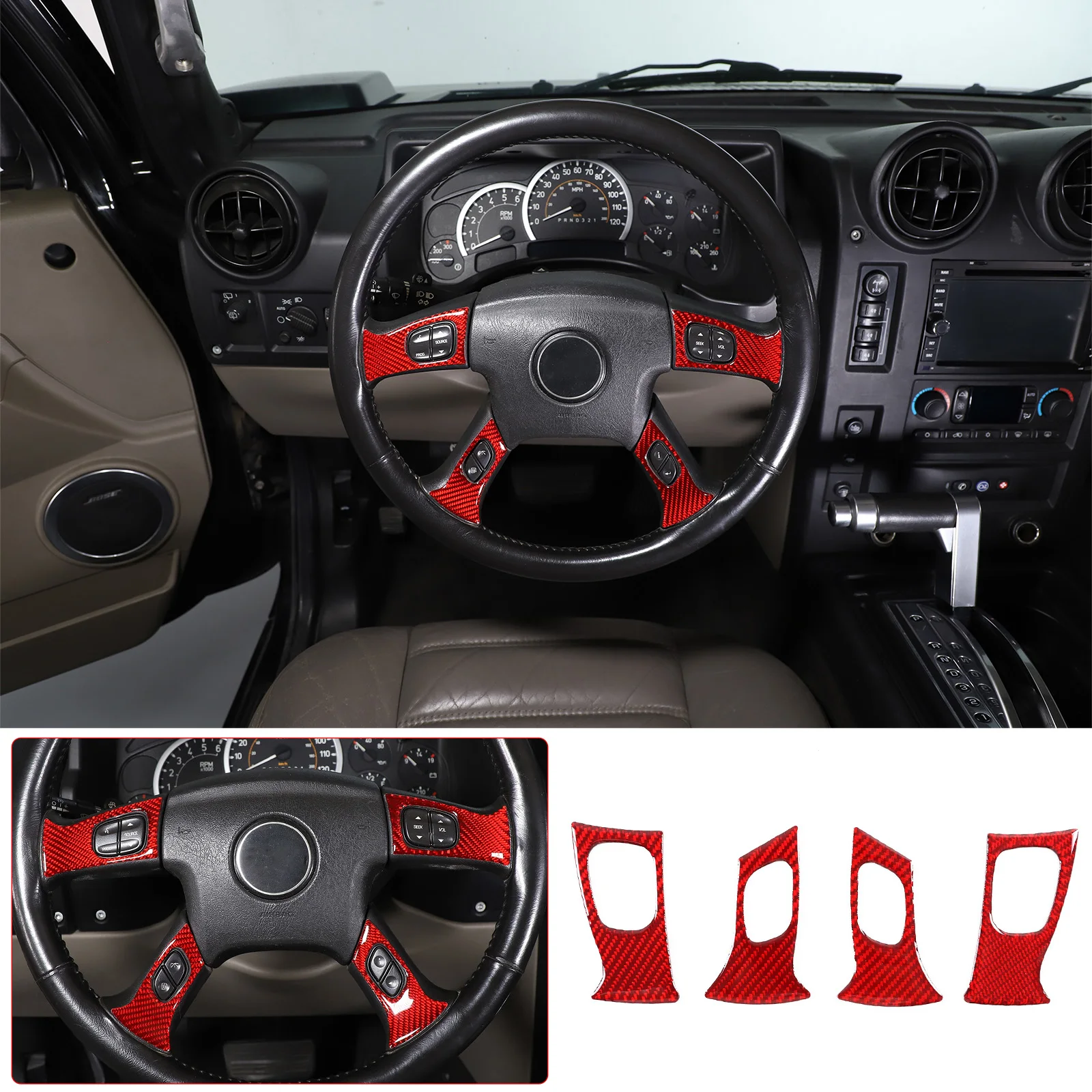 For Hummer H2 2003 2004 2005 2006 2007 PVC Black Carbon Fiber Car Steering Wheel Cover Trim Sticker Decoration Accessories 4pcs 6