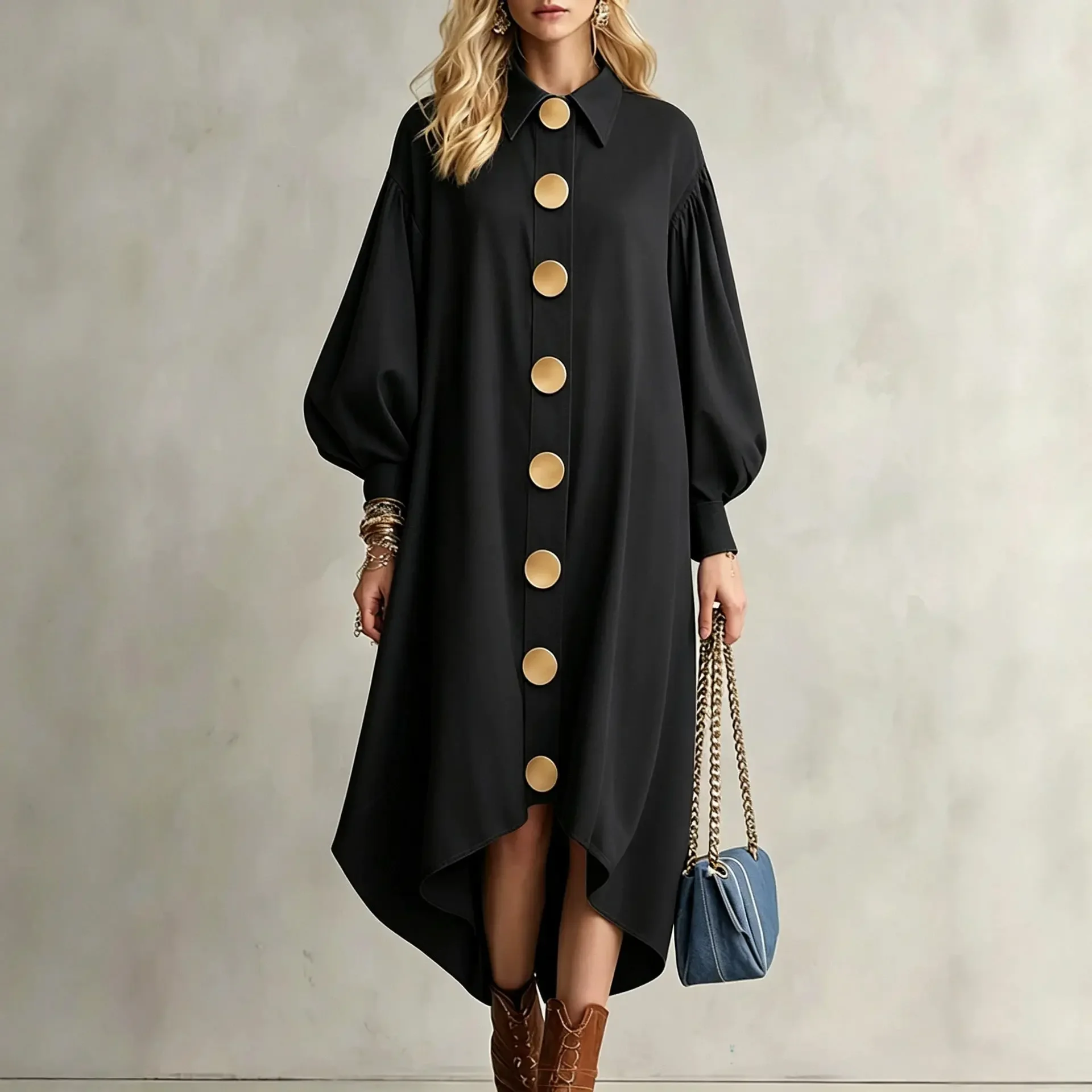 Button Front Cardigan Maxi Dress Women Lapel Collar Puff Lantern Sleeve Loose Long Dress Irregular Hem Autumn Elegant Dress