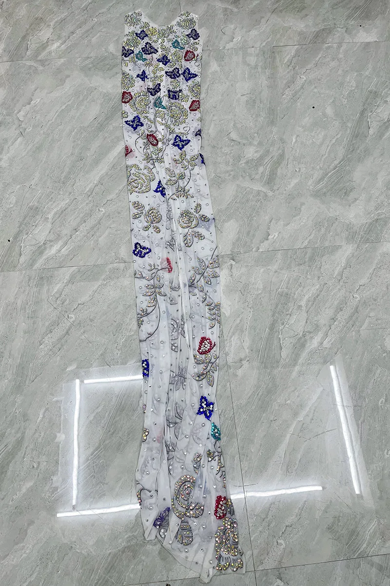 Costume Diamante bianco con spacco alto Farfalla Ricamo Atmosfera elegante Bar da sera Discoteca Danza Abito da ospite di nozze Donna