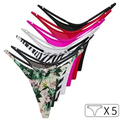 5Pcs Ice Slik Low Waist Girls G String Leopard Flower Women Panties Sexy Briefs Thong T-back Underwear Female Lingerie Size S-XL