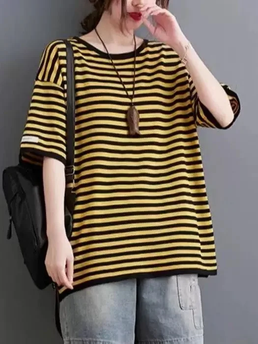 Summer Slimming Striped T-Shirt Women's Loose Fit Short Sleeve Casual Top Cover Stomach Hidden Meat Mom Comfortable Shirt