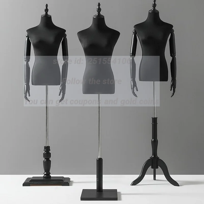 

1PC Black Wooden Female Mannequin Arm with Full Head Cotton Body Metal Base Adjustable Fashion Rack for Clothing Display D406