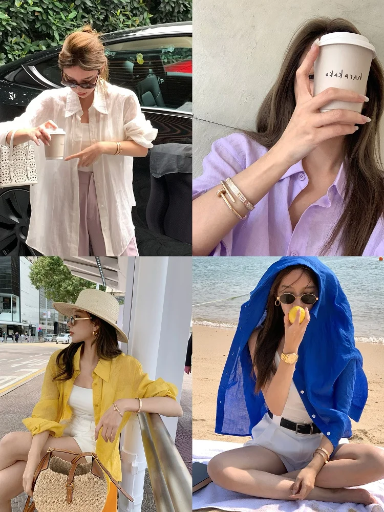 

iwei Qiongyang Lin Oxygen Mood Silk irt Женская летняя свободная универсальная тонкая блузка с длинными рукавами для защиты от солнца