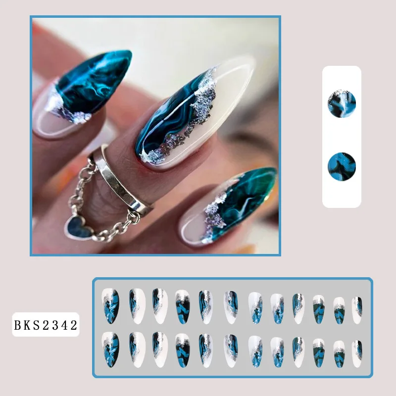 Almond Press on Nails Medium Length Fake Nails with Glue Green Ombre Acrylic False Nails with Silver Glitter Designs Dark Green