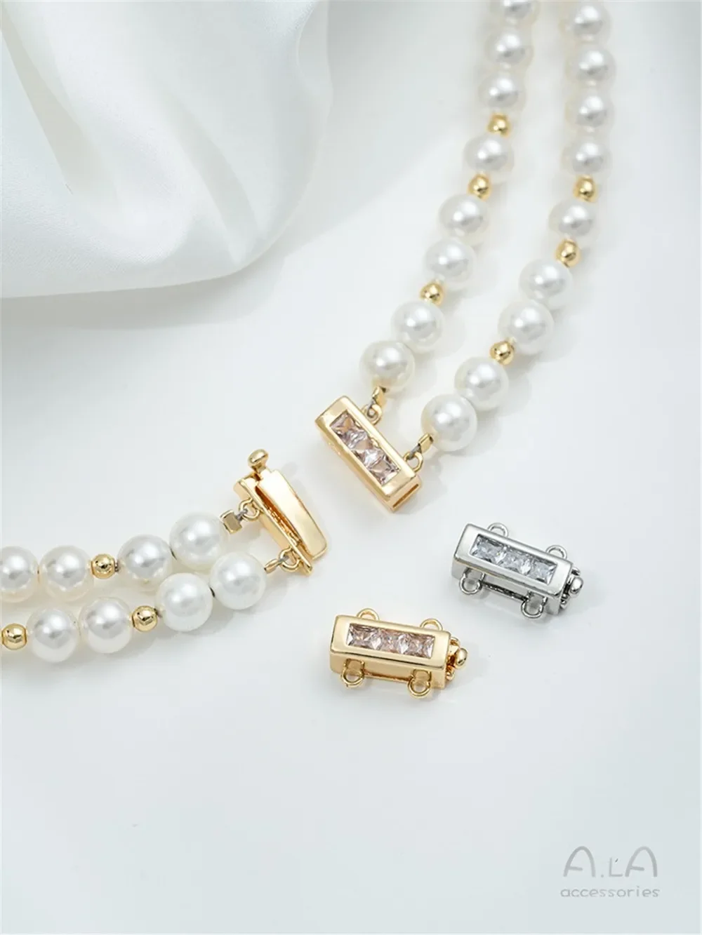 Hebilla de inserción de doble hilera Rectangular de circonio cuadrado de oro de 14K, pulsera de doble hebra DIY, collar, hebilla de conexión, hebilla de perla