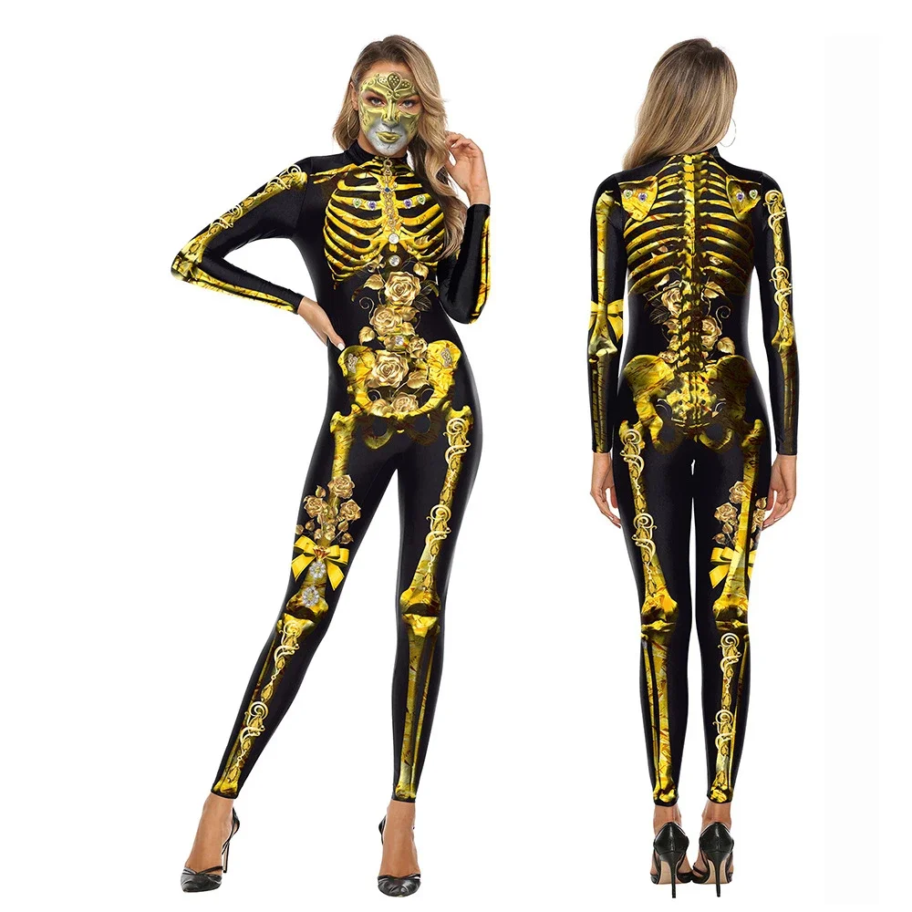 

FASHION Scary Skeleton Bone Bodysuit Cosplay Costume Adult Suit Halloween Carnival Zentai Costume Women Bodysuit Jumpsuits