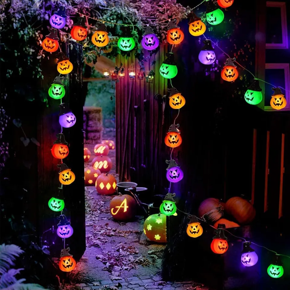 Colorful Pumpkin Black Hat Solar String Lights