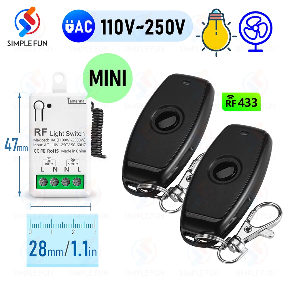 Wireless Smart Light Switch RF433Mhz 110V 220V 230V 10A Small Size Relay Receiver Remote Control Interrupter for Lamp LED Fan