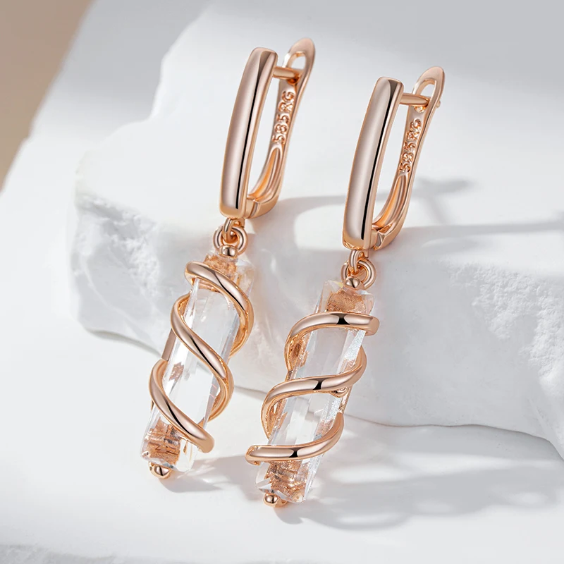 Square Long Zircon Spiral Dangle Earrings for Women 585 Gold Color Party Statement Jewelry Light Luxury Wedding Accessories