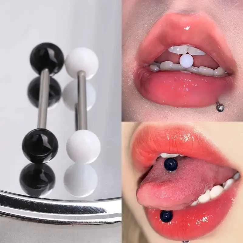 4pcs Set of Acrylic Dual-Color Pink And Blue Tongue Studs Unique Stainless Steel Bar Tongue Rings Punk Style Piercing Jewelry