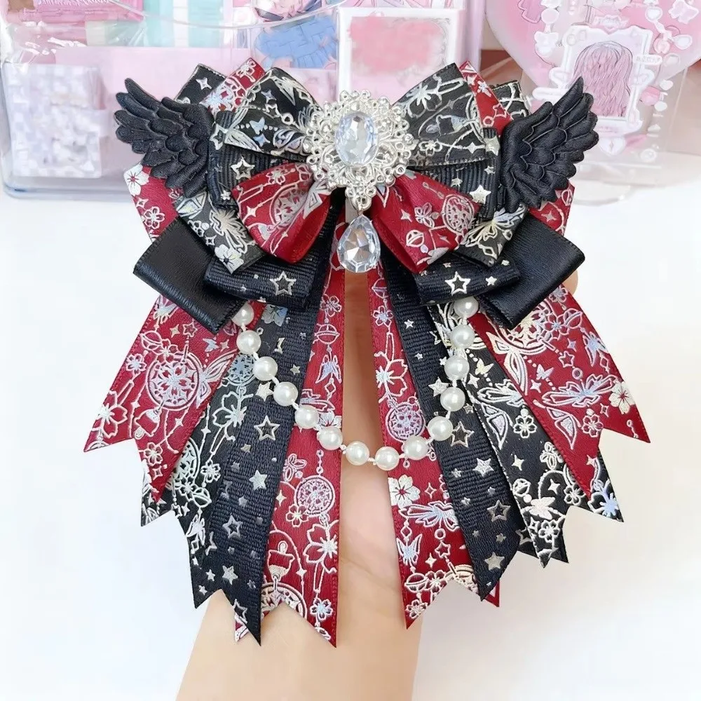 Gifts Double Layer Bow Brooch Bead Chain Gemstone Pendant Bow Pin Handmade DIY Angel Wings Brooch Cosplay Accessory