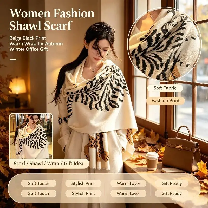 Women's Cozy Warm Scarf Shawl Stylish Tiger Leopard Animal Print Skin Friendly Breathable Wrap for Daily Wear Holiday Gifts