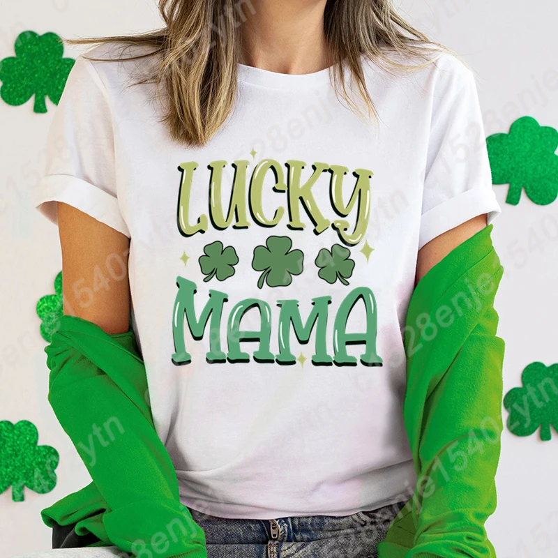 St Patrick's Day Clover Lucky Mama Print T-shirts Women Summer Short Sleeve Crew Neck Cute Loose Tees Creative Personalized Tops