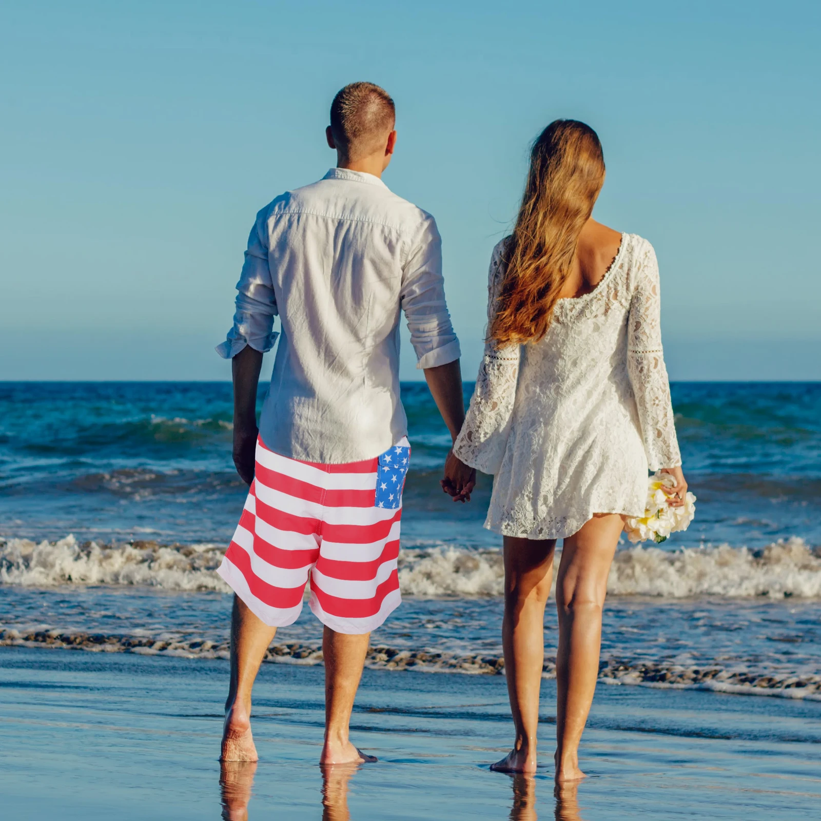 

Beach Shorts Swim Trunks Men Polyester Breathable Quick Dry American Flag Stylish Summer Swimming Surfing Workout Durable Gentle