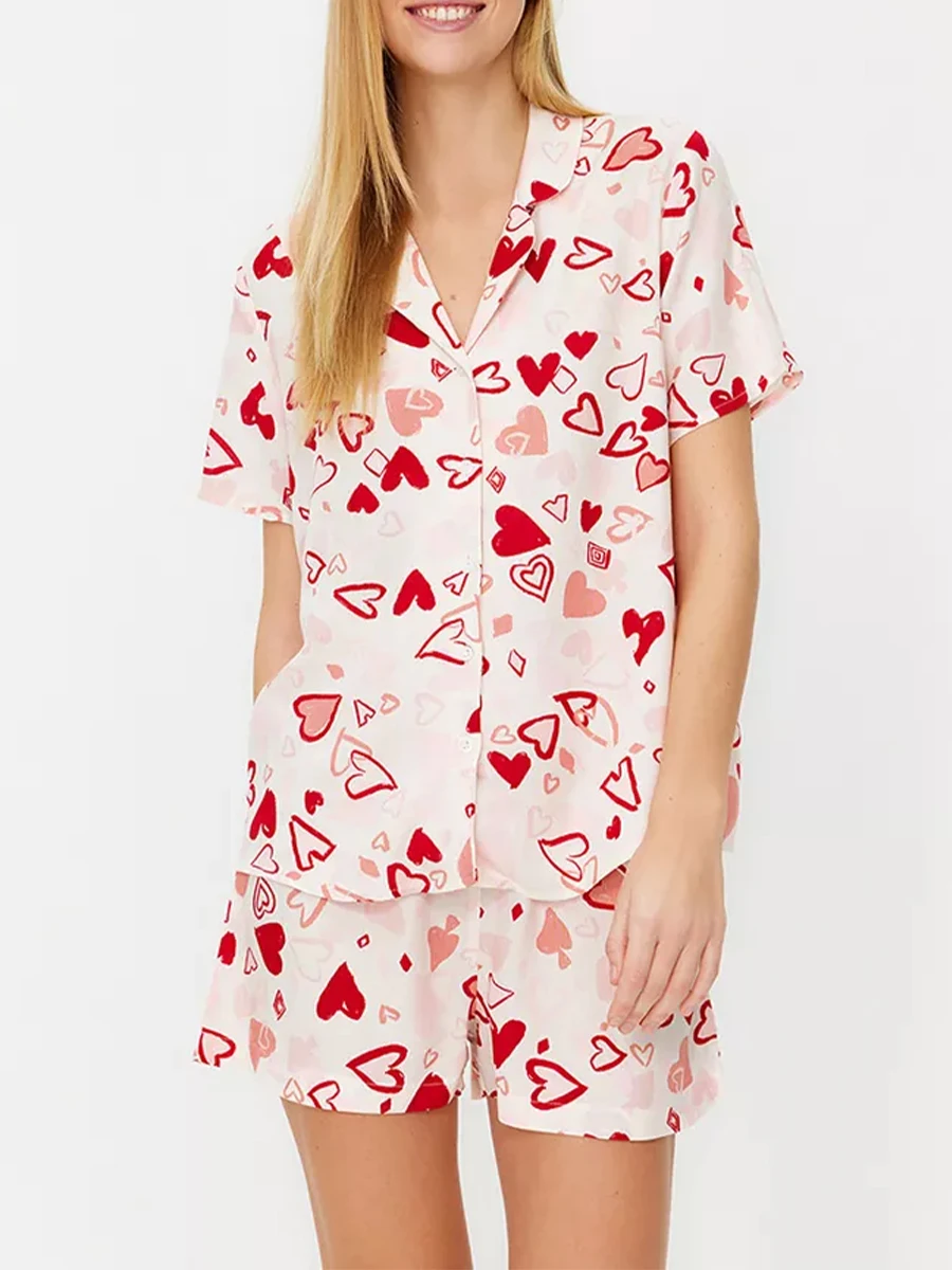 Women Short Pajama Set Heart Print Lapel Neck Button-up Short Sleeve Tops Shorts 2-Piece Loungewear Valentine s Day Outfit